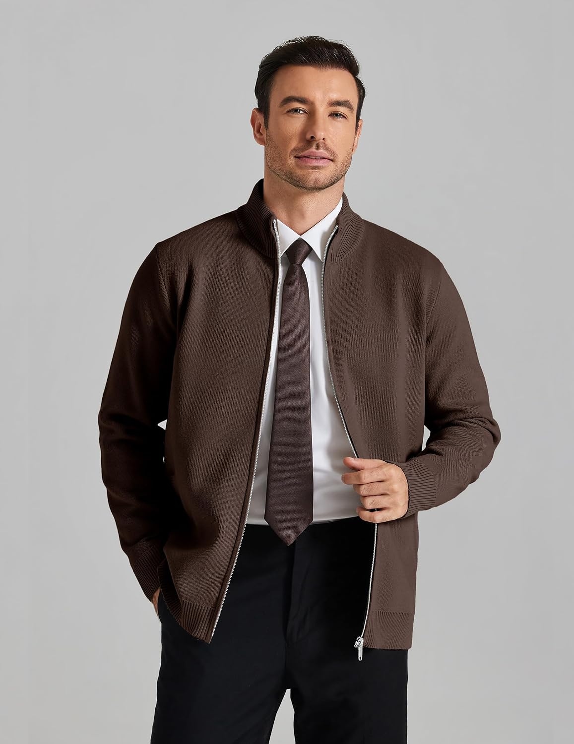 image:imageCOOFANDY Mens Full Zip Cardigan Sweaters Mock Neck Knitwear with PatternChestnut Brown