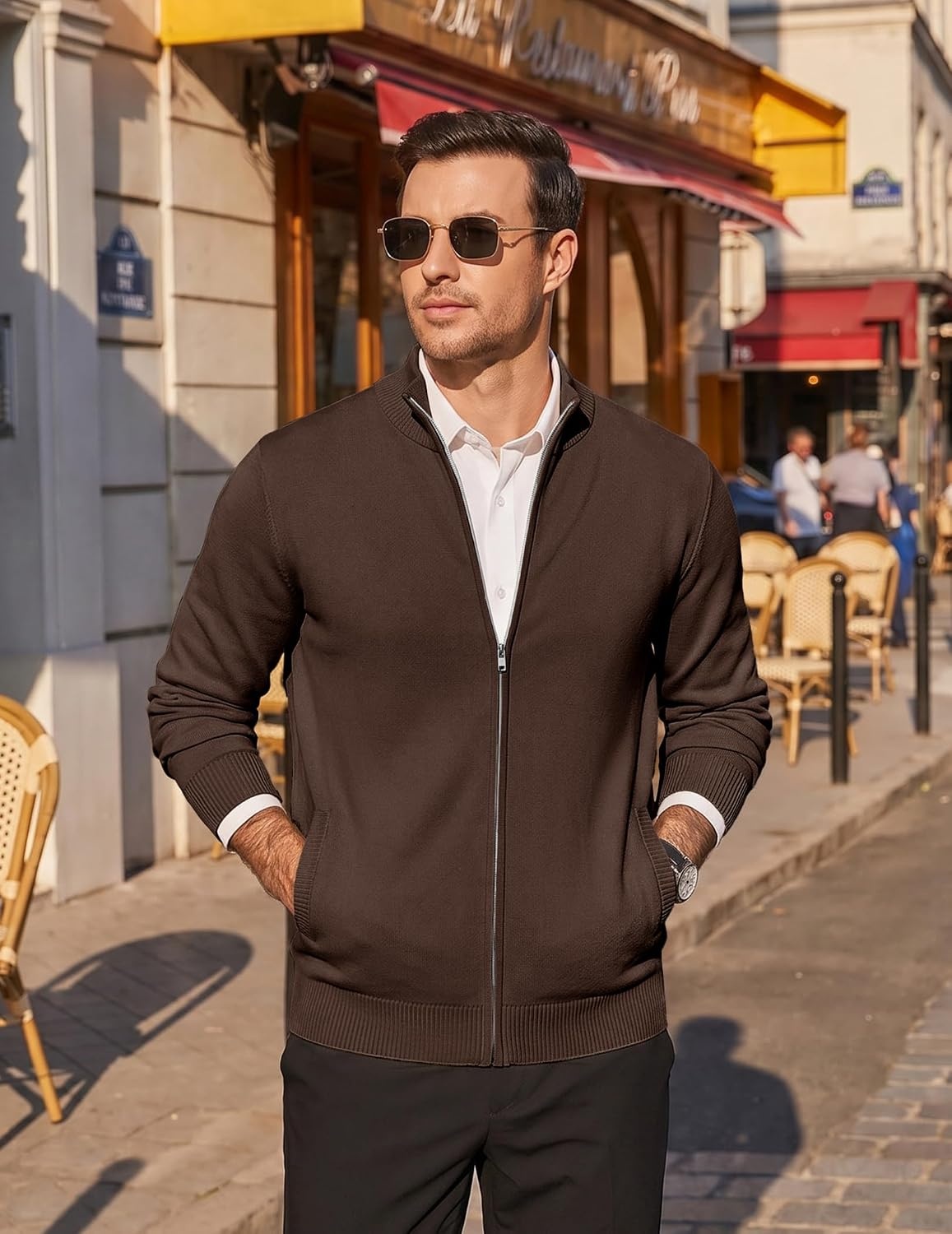 image:imageCOOFANDY Mens Full Zip Cardigan Sweaters Mock Neck Knitwear with PatternChestnut Brown