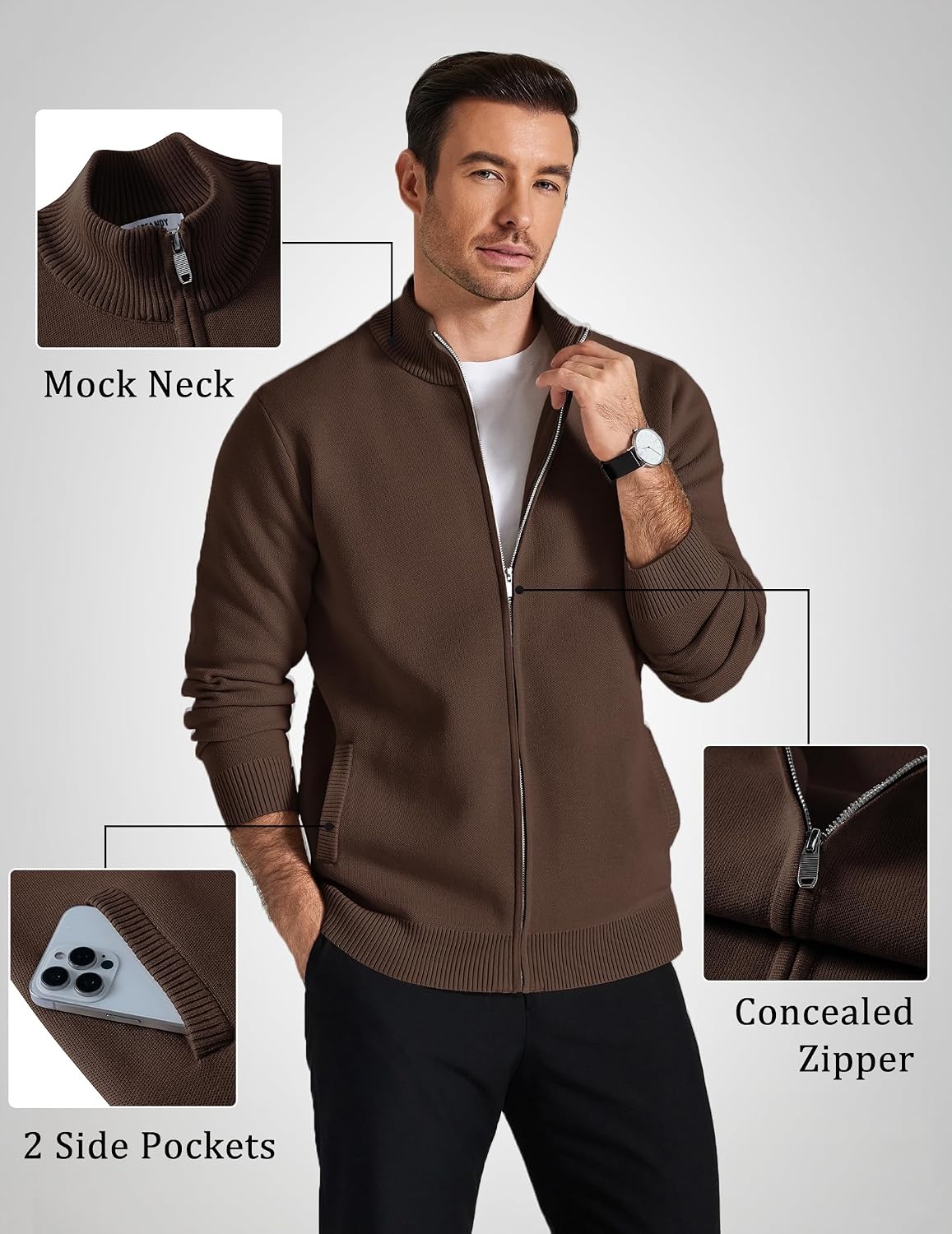 image:imageCOOFANDY Mens Full Zip Cardigan Sweaters Mock Neck Knitwear with PatternChestnut Brown