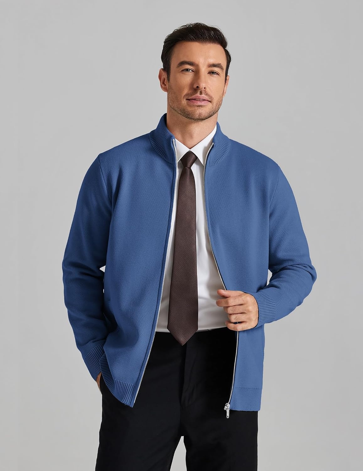 image:imageCOOFANDY Mens Full Zip Cardigan Sweaters Mock Neck Knitwear with PatternDemin Blue