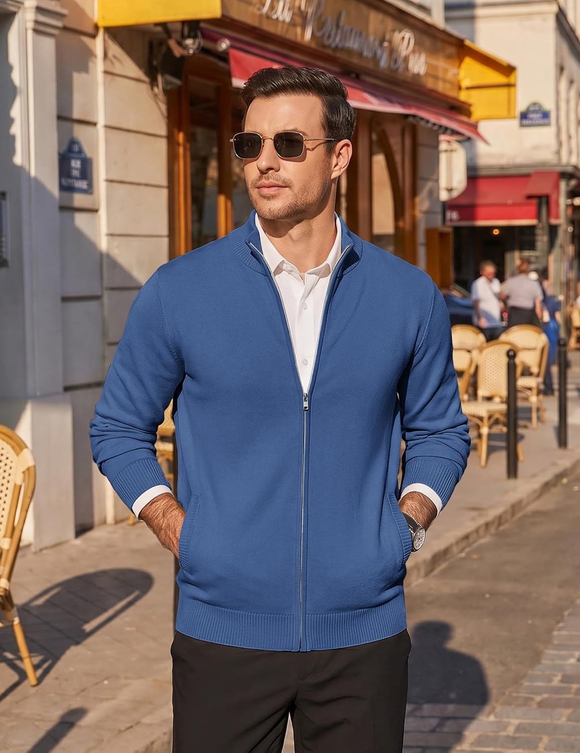 image:imageCOOFANDY Mens Full Zip Cardigan Sweaters Mock Neck Knitwear with PatternDemin Blue