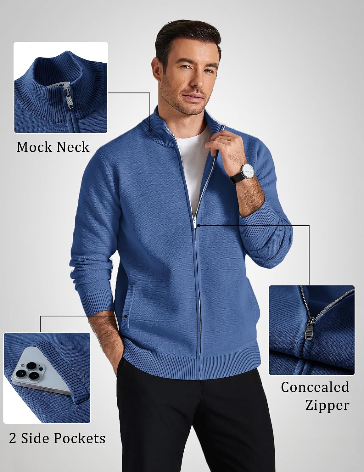 image:imageCOOFANDY Mens Full Zip Cardigan Sweaters Mock Neck Knitwear with PatternDemin Blue