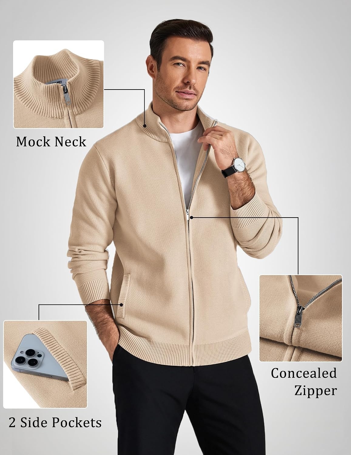 image:imageCOOFANDY Mens Full Zip Cardigan Sweaters Mock Neck Knitwear with PatternKhaki