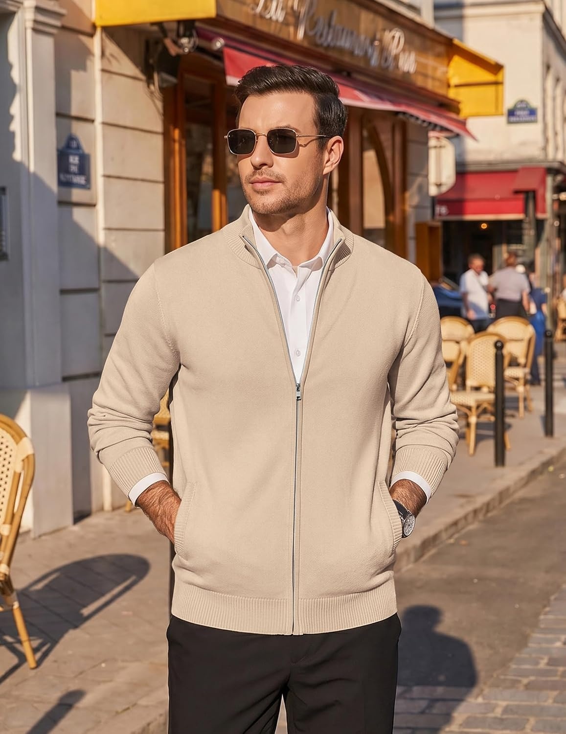 image:imageCOOFANDY Mens Full Zip Cardigan Sweaters Mock Neck Knitwear with PatternKhaki