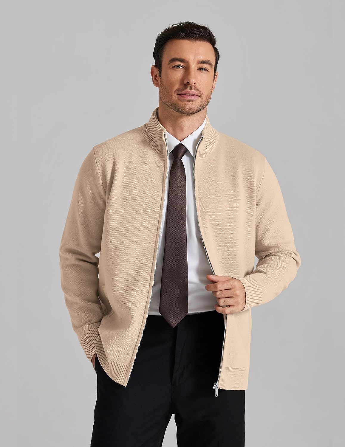 image:imageCOOFANDY Mens Full Zip Cardigan Sweaters Mock Neck Knitwear with PatternKhaki