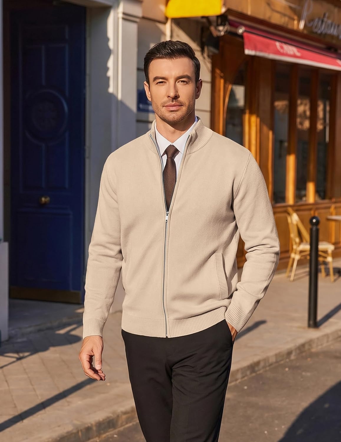 image:imageCOOFANDY Mens Full Zip Cardigan Sweaters Mock Neck Knitwear with PatternKhaki