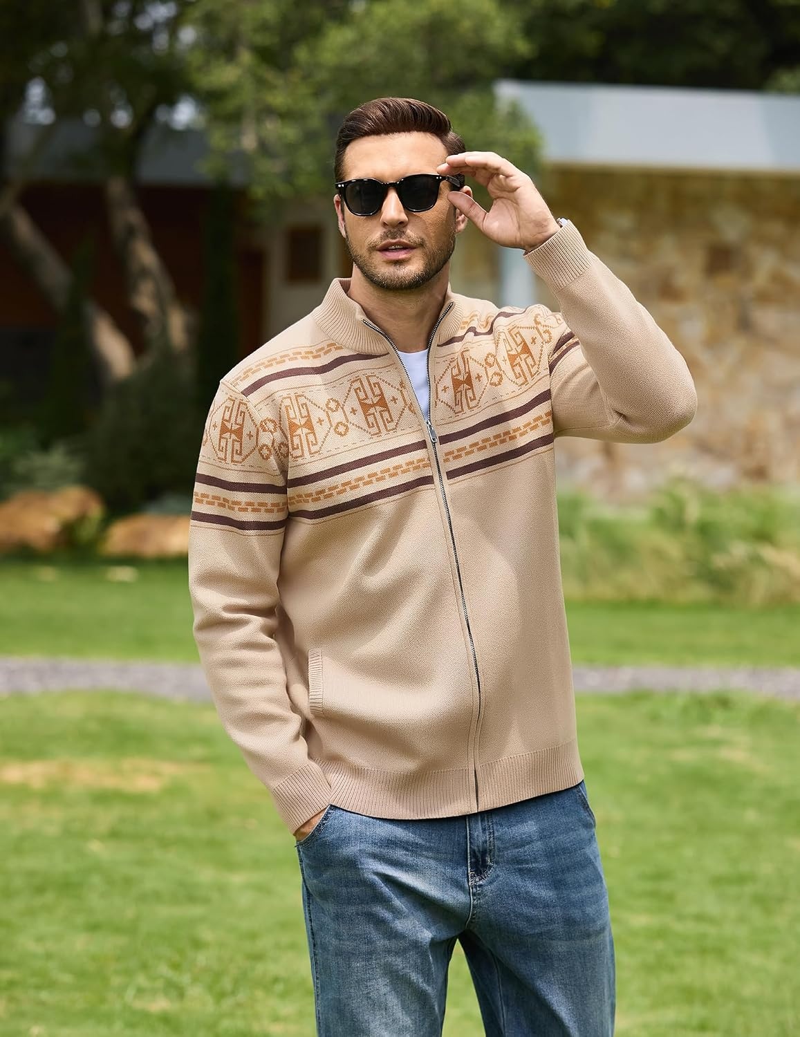 image:imageCOOFANDY Mens Full Zip Cardigan Sweaters Mock Neck Knitwear with PatternKhaki Fair Isle