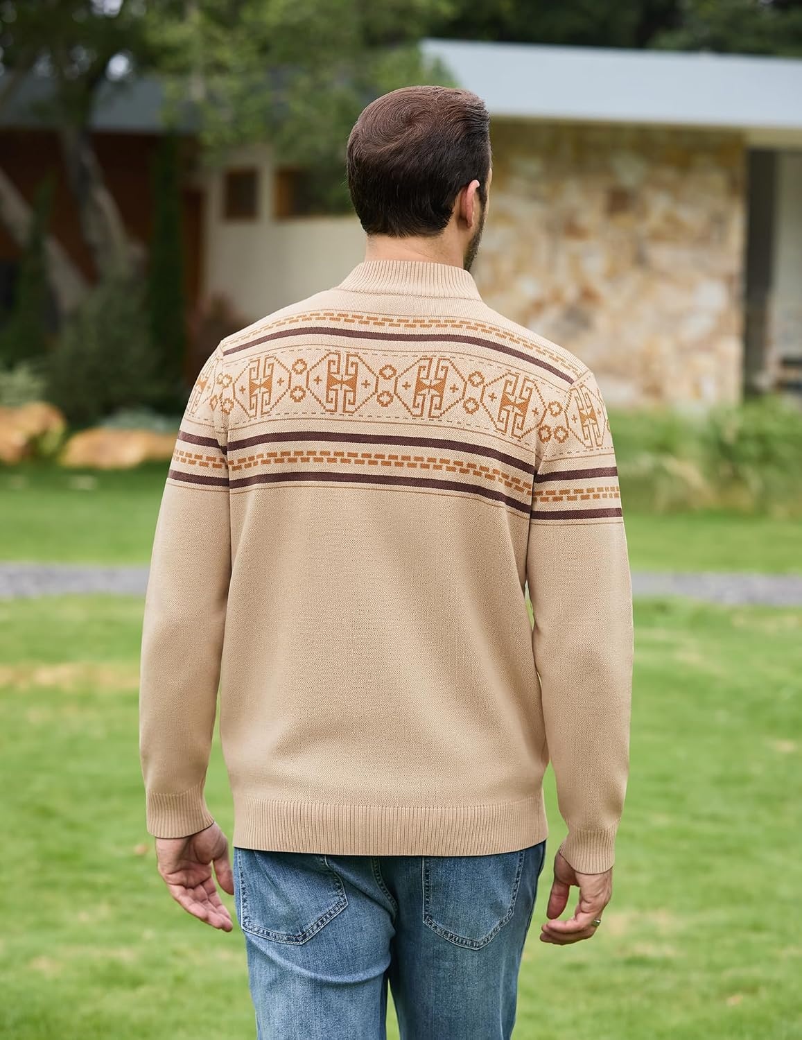 image:imageCOOFANDY Mens Full Zip Cardigan Sweaters Mock Neck Knitwear with PatternKhaki Fair Isle