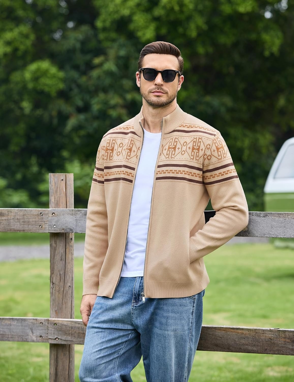 image:imageCOOFANDY Mens Full Zip Cardigan Sweaters Mock Neck Knitwear with PatternKhaki Fair Isle