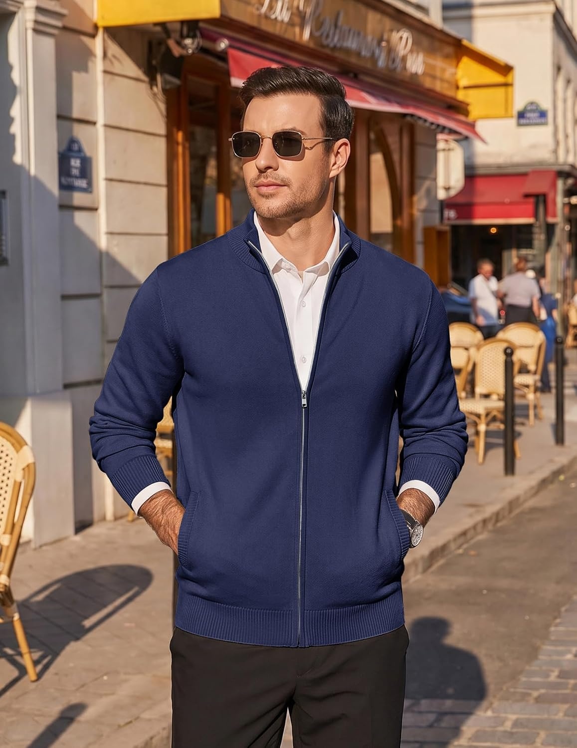 image:imageCOOFANDY Mens Full Zip Cardigan Sweaters Mock Neck Knitwear with PatternNavy Blue