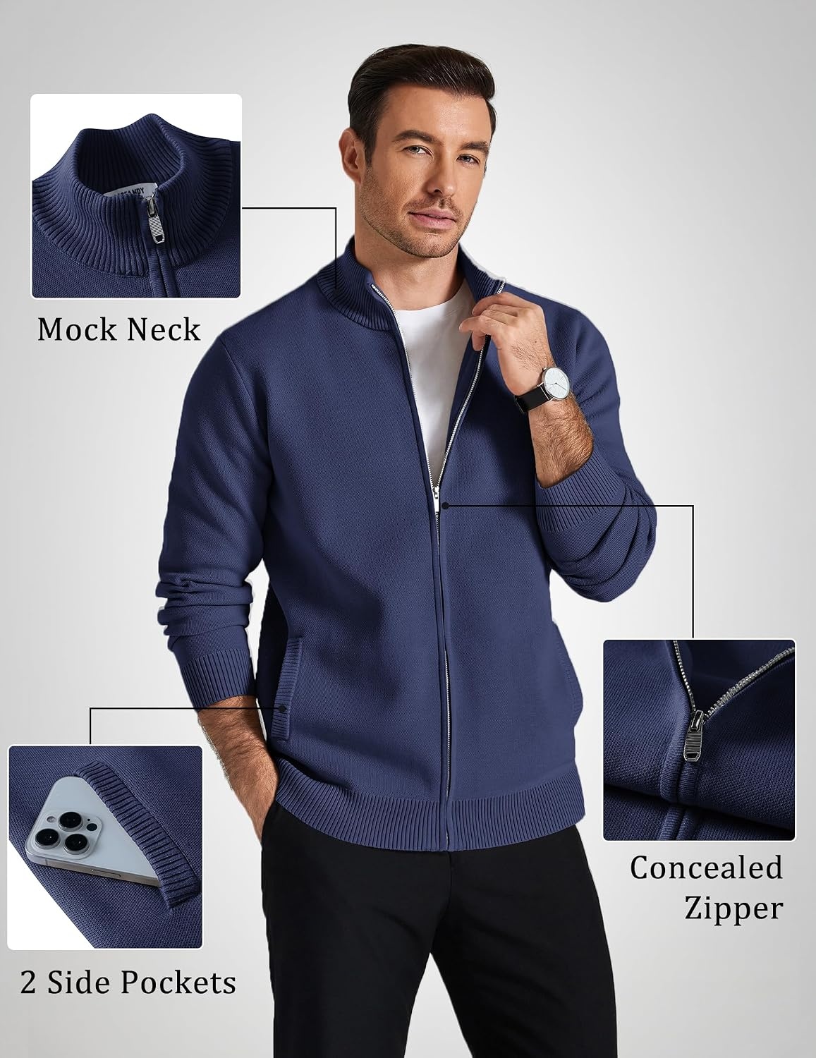 image:imageCOOFANDY Mens Full Zip Cardigan Sweaters Mock Neck Knitwear with PatternNavy Blue