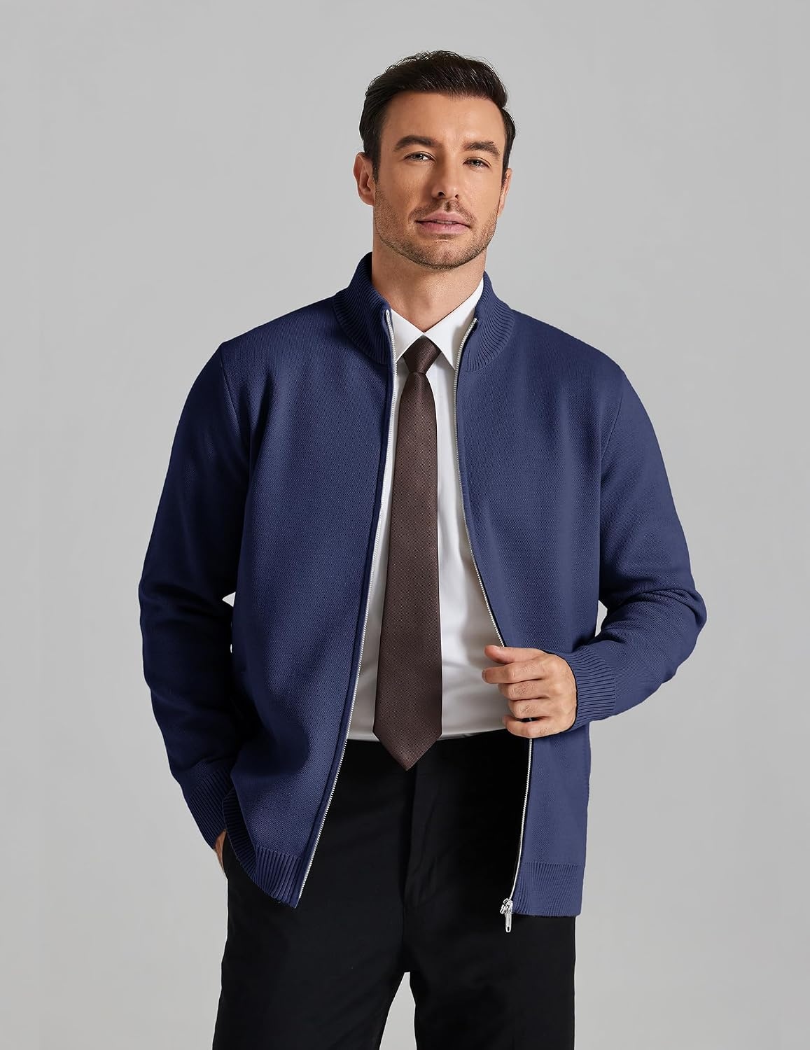 image:imageCOOFANDY Mens Full Zip Cardigan Sweaters Mock Neck Knitwear with PatternNavy Blue