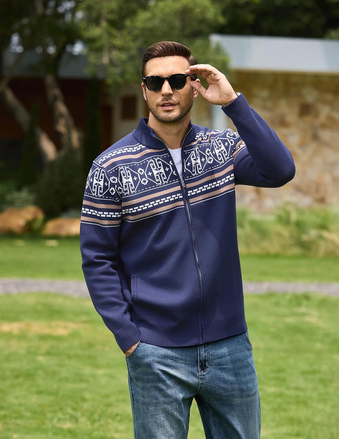 image:imageCOOFANDY Mens Full Zip Cardigan Sweaters Mock Neck Knitwear with PatternNavy Fair Isle