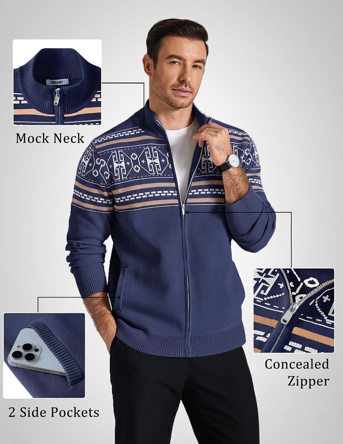image:imageCOOFANDY Mens Full Zip Cardigan Sweaters Mock Neck Knitwear with PatternNavy Fair Isle