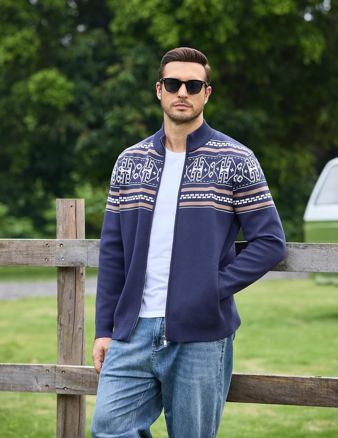 image:imageCOOFANDY Mens Full Zip Cardigan Sweaters Mock Neck Knitwear with PatternNavy Fair Isle