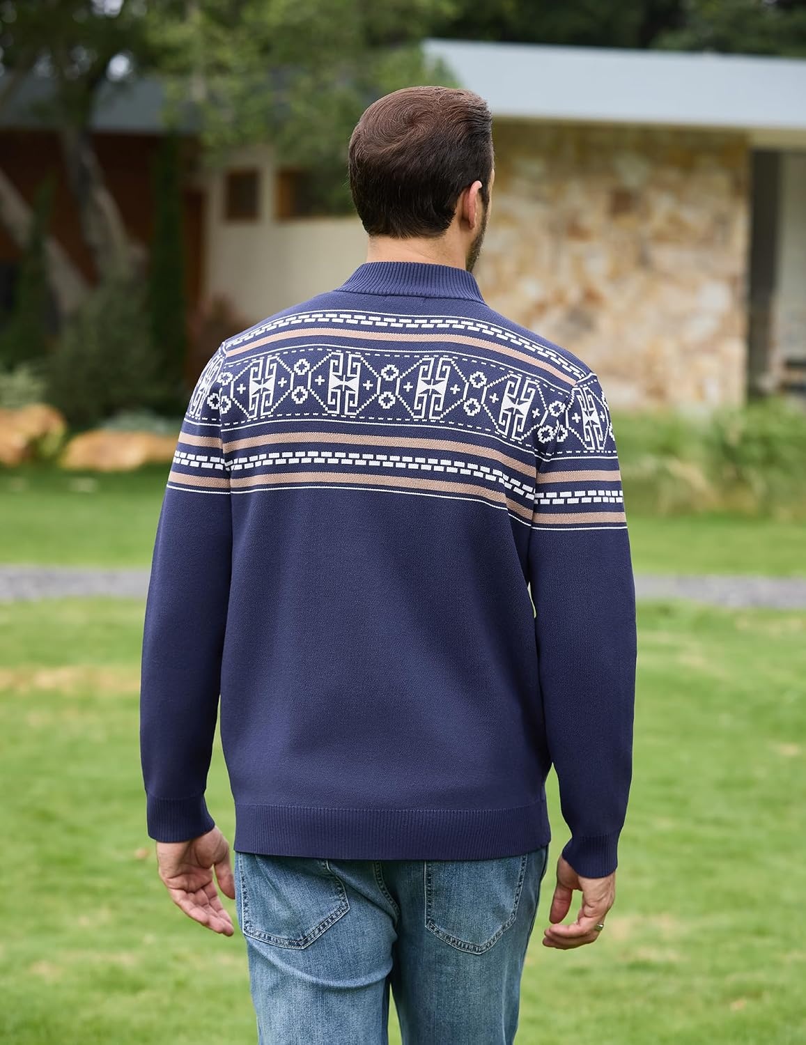 image:imageCOOFANDY Mens Full Zip Cardigan Sweaters Mock Neck Knitwear with PatternNavy Fair Isle