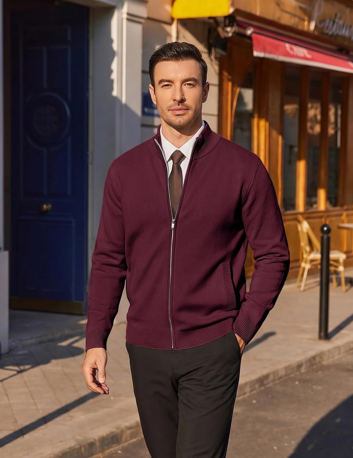 image:imageCOOFANDY Mens Full Zip Cardigan Sweaters Mock Neck Knitwear with PatternWine Red