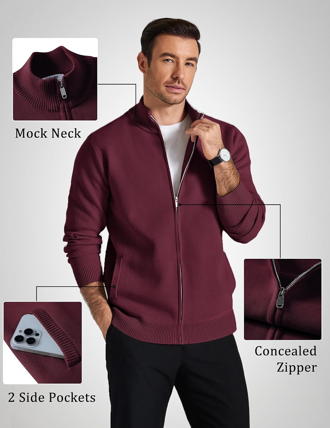 image:imageCOOFANDY Mens Full Zip Cardigan Sweaters Mock Neck Knitwear with PatternWine Red