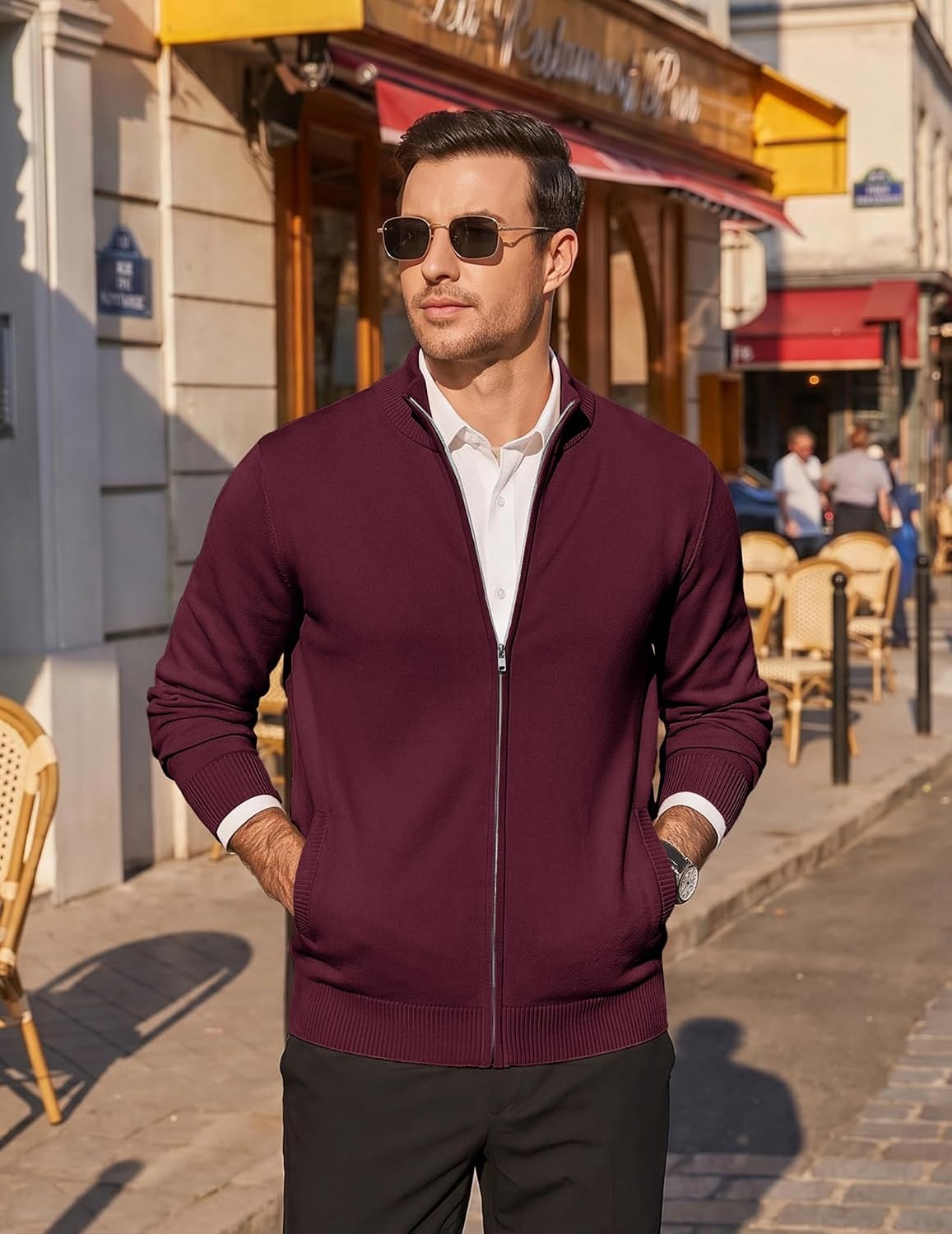 image:imageCOOFANDY Mens Full Zip Cardigan Sweaters Mock Neck Knitwear with PatternWine Red
