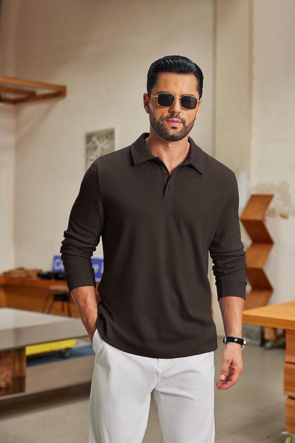image:imageCOOFANDY Mens Knit Polo Shirt Long Sleeve Polo Sweaters Casual Golf ShirtsBrown
