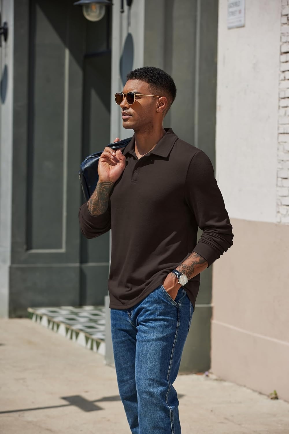 image:imageCOOFANDY Mens Knit Polo Shirt Long Sleeve Polo Sweaters Casual Golf ShirtsBrown
