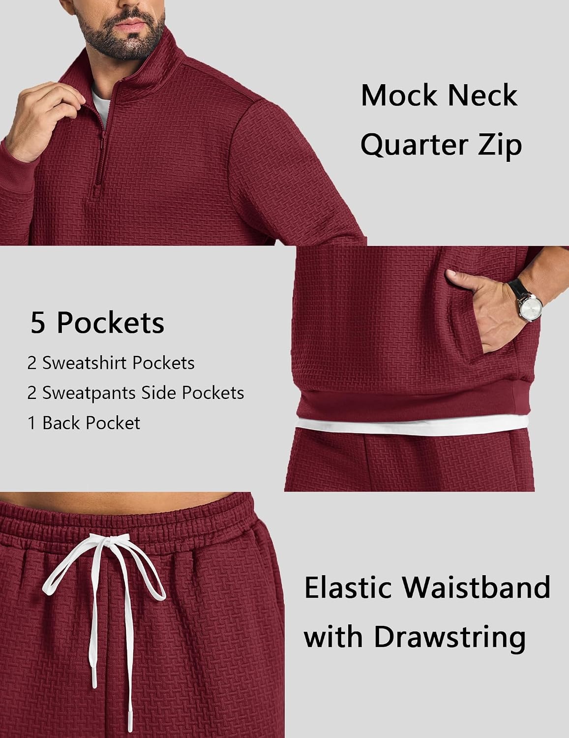 image:imageCOOFANDY Mens Sweatsuit 2 Piece Set 14 Zip Mock Neck Tracksuit Relaxed FitWine Red