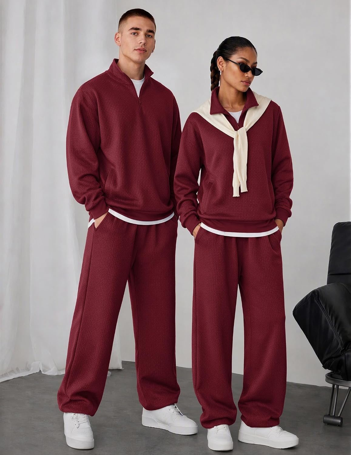 image:imageCOOFANDY Mens Sweatsuit 2 Piece Set 14 Zip Mock Neck Tracksuit Relaxed FitWine Red