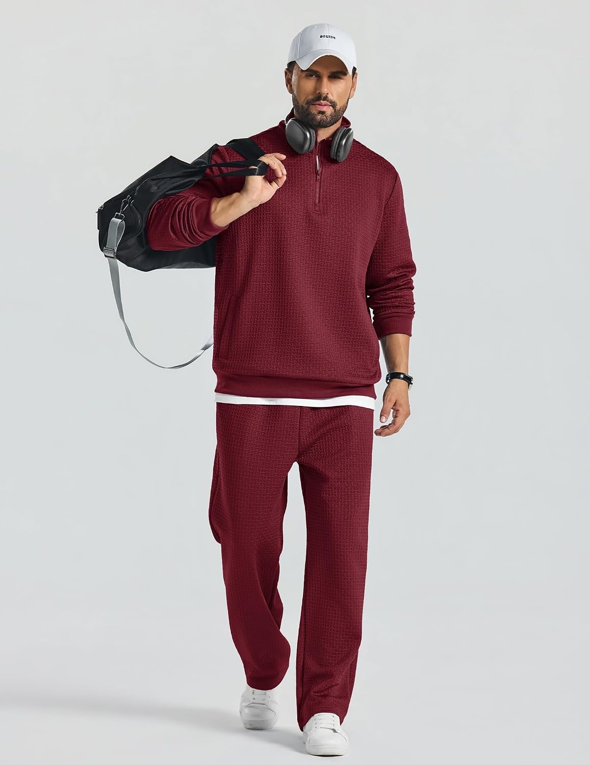 image:imageCOOFANDY Mens Sweatsuit 2 Piece Set 14 Zip Mock Neck Tracksuit Relaxed FitWine Red