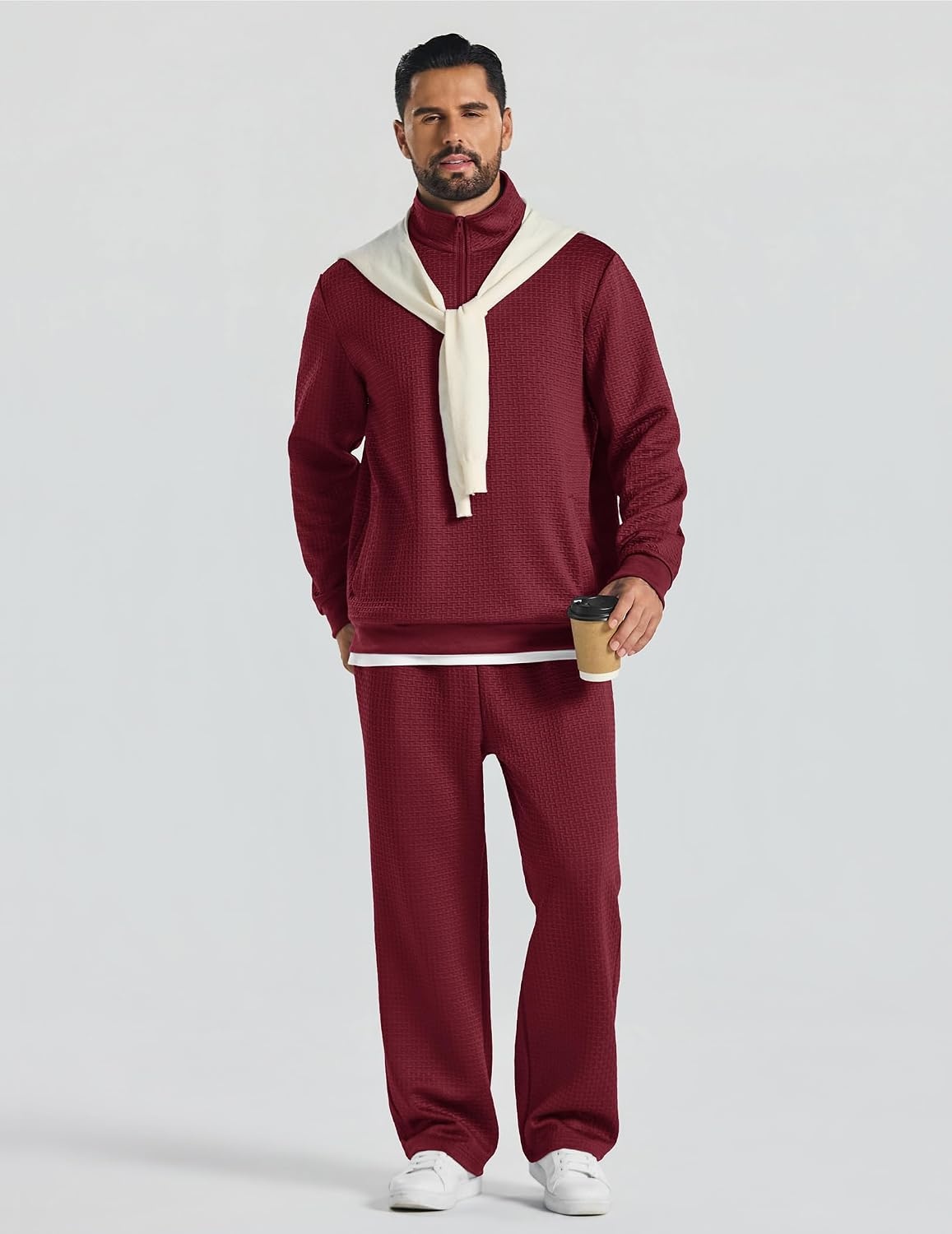 image:imageCOOFANDY Mens Sweatsuit 2 Piece Set 14 Zip Mock Neck Tracksuit Relaxed FitWine Red