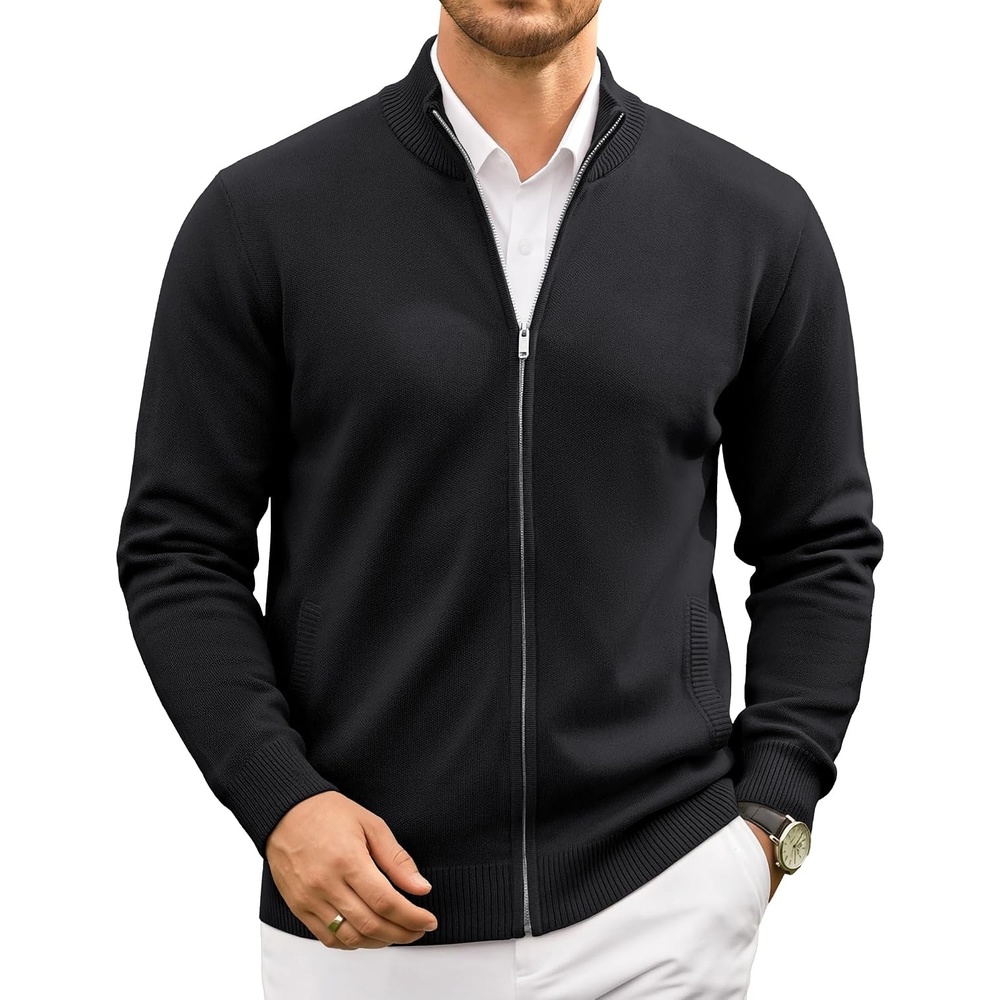 image:imageCOOFANDY Mens Full Zip Cardigan Sweaters Mock Neck Knitwear with PatternBlack