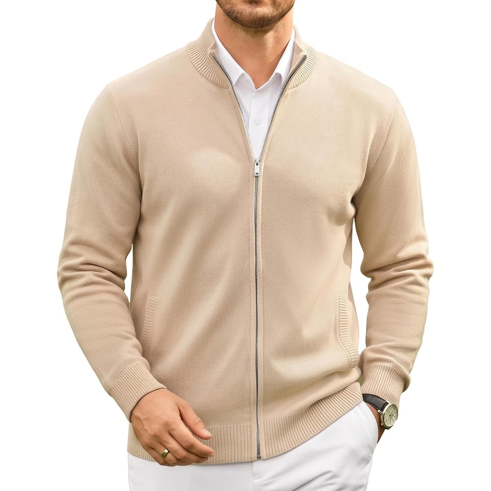image:imageCOOFANDY Mens Full Zip Cardigan Sweaters Mock Neck Knitwear with PatternKhaki