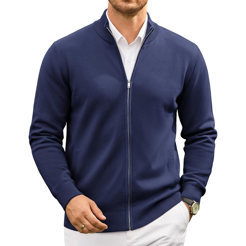 image:imageCOOFANDY Mens Full Zip Cardigan Sweaters Mock Neck Knitwear with PatternNavy Blue