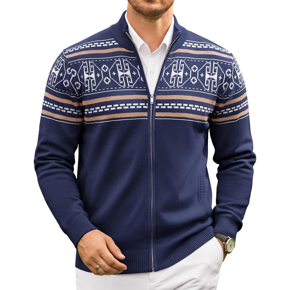 image:imageCOOFANDY Mens Full Zip Cardigan Sweaters Mock Neck Knitwear with PatternNavy Fair Isle