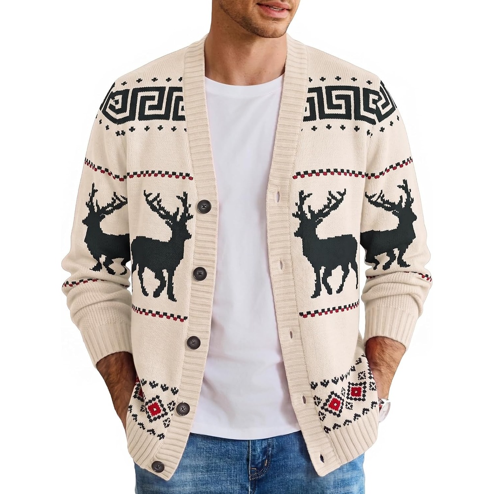 image:imageCOOFANDY Mens Ugly Christmas Sweater Knitted Christmas Cardigan SweaterBeigechristmas Reindeer