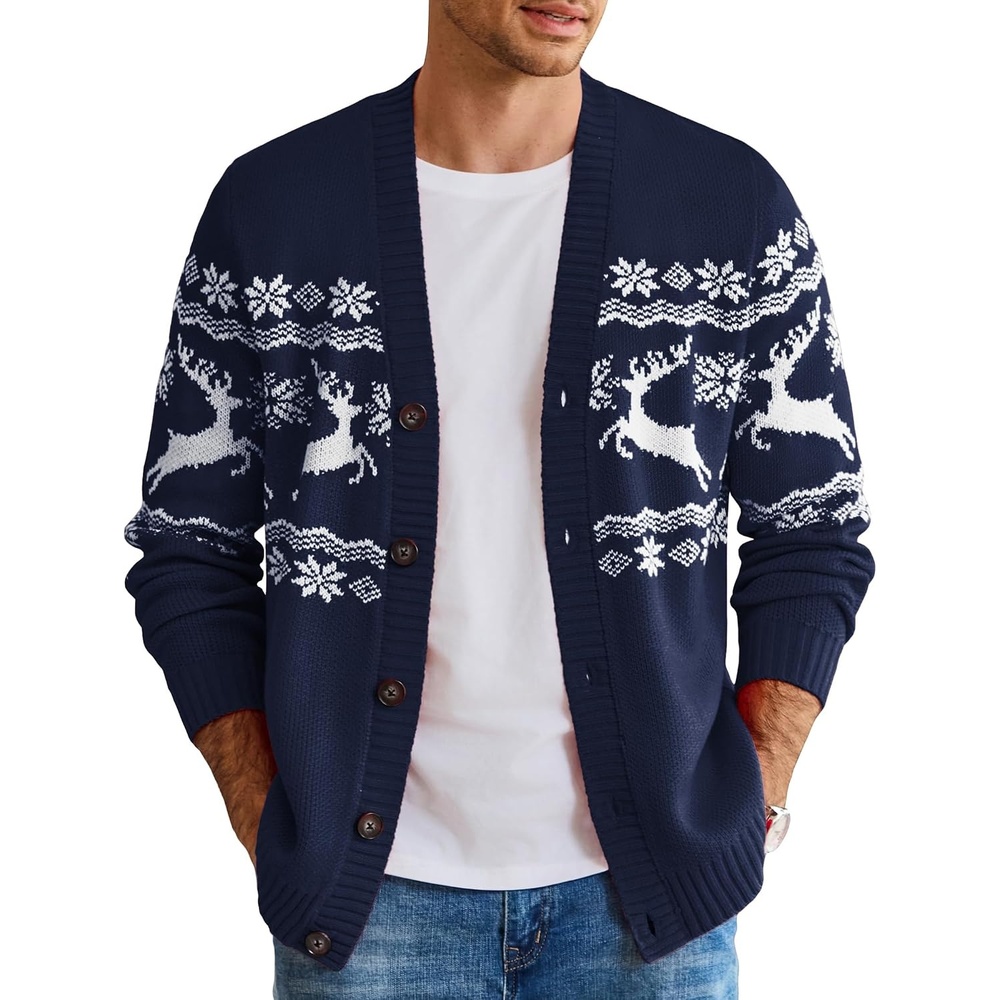 image:imageCOOFANDY Mens Ugly Christmas Sweater Knitted Christmas Cardigan SweaterNavy Blue Reindeersnowflake