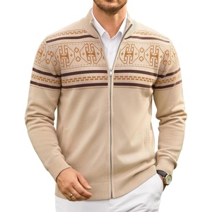 COOFANDY Men’s Full Zip Cardigan Sweaters Mock Neck Knitwear with Pattern(Khaki Fair Isle)