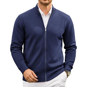 COOFANDY Men’s Full Zip Cardigan Sweaters Mock Neck Knitwear with Pattern(Navy Blue)