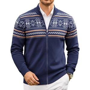 COOFANDY Men’s Full Zip Cardigan Sweaters Mock Neck Knitwear with Pattern(Navy Fair Isle)