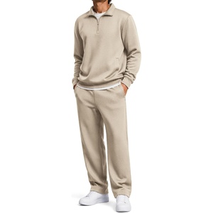 COOFANDY Mens Sweatsuit 2 Piece Set 1/4 Zip Mock Neck Tracksuit Relaxed Fit(Light Khaki)