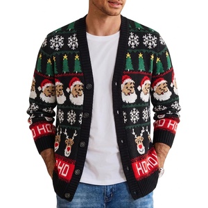 COOFANDY Mens Ugly Christmas Sweater Knitted Christmas Cardigan Sweater(Black and Red-reindee&santa)