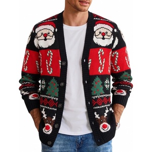 COOFANDY Mens Ugly Christmas Sweater Knitted Christmas Cardigan Sweater(Black-reindeer-santa&cane)