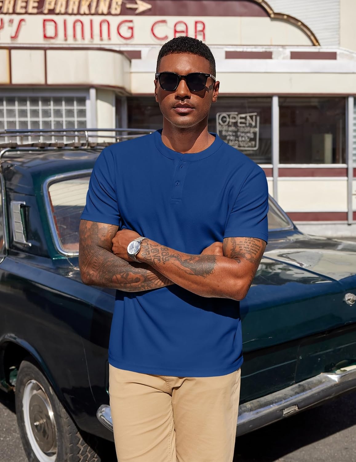 image:imageCOOFANDY Mens Henley Shirts Short Sleeve Texture Casual Button Tee ShirtsBlue