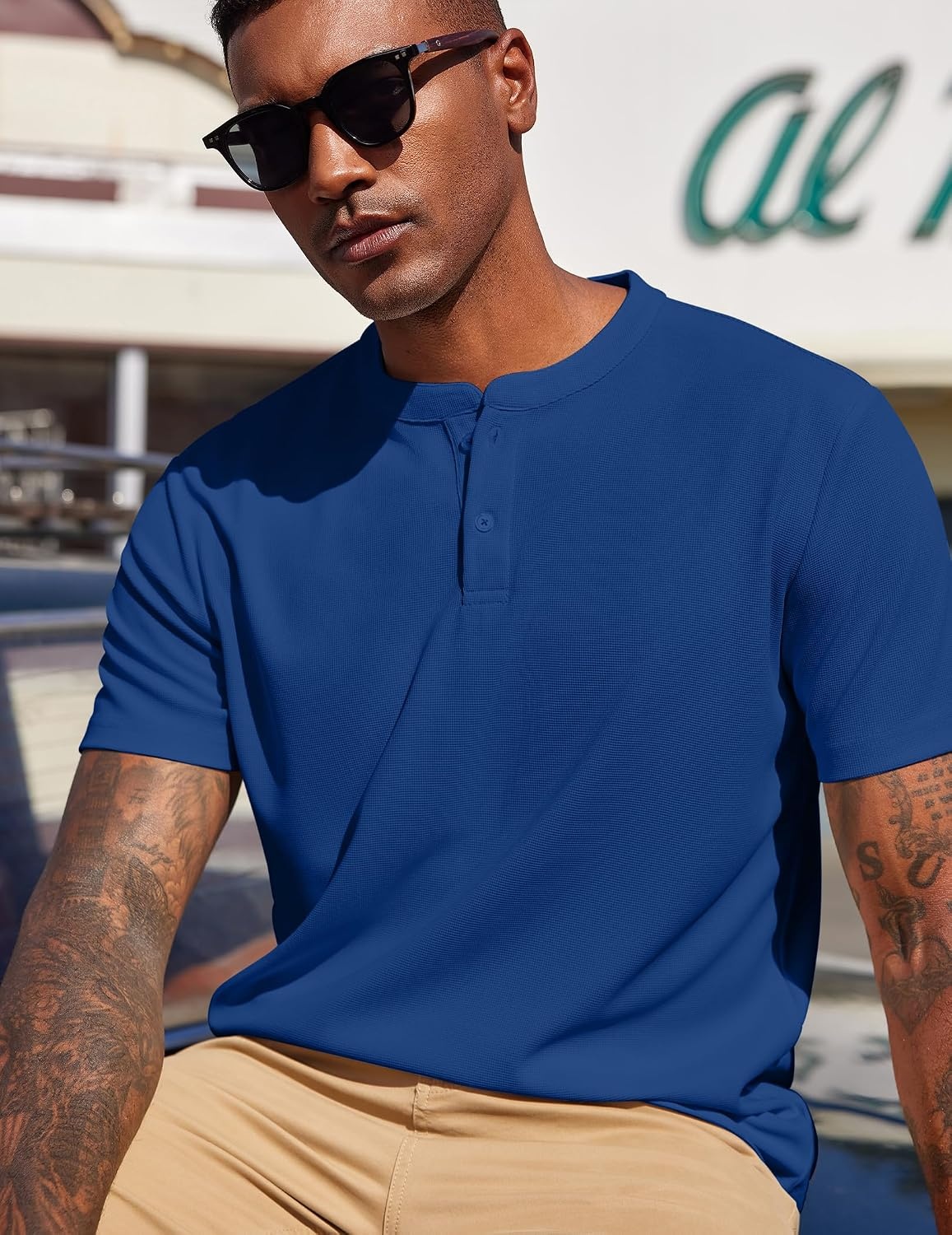 image:imageCOOFANDY Mens Henley Shirts Short Sleeve Texture Casual Button Tee ShirtsBlue