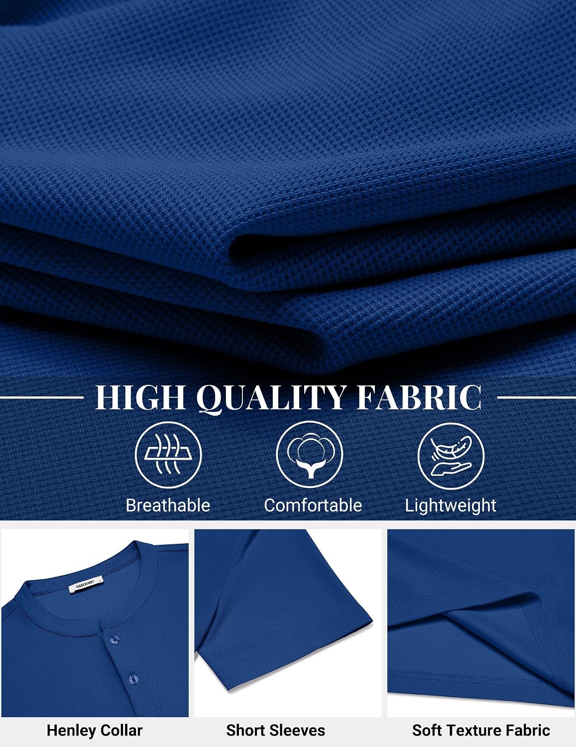 image:imageCOOFANDY Mens Henley Shirts Short Sleeve Texture Casual Button Tee ShirtsBlue