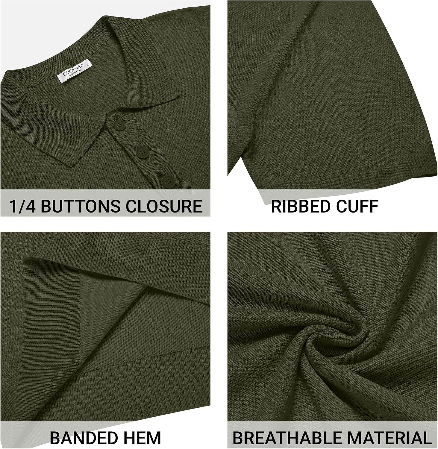 image:imageCOOFANDY Mens Knit Polo Shirts Casual Short Sleeve Button Down Polo ShirtArmy Green