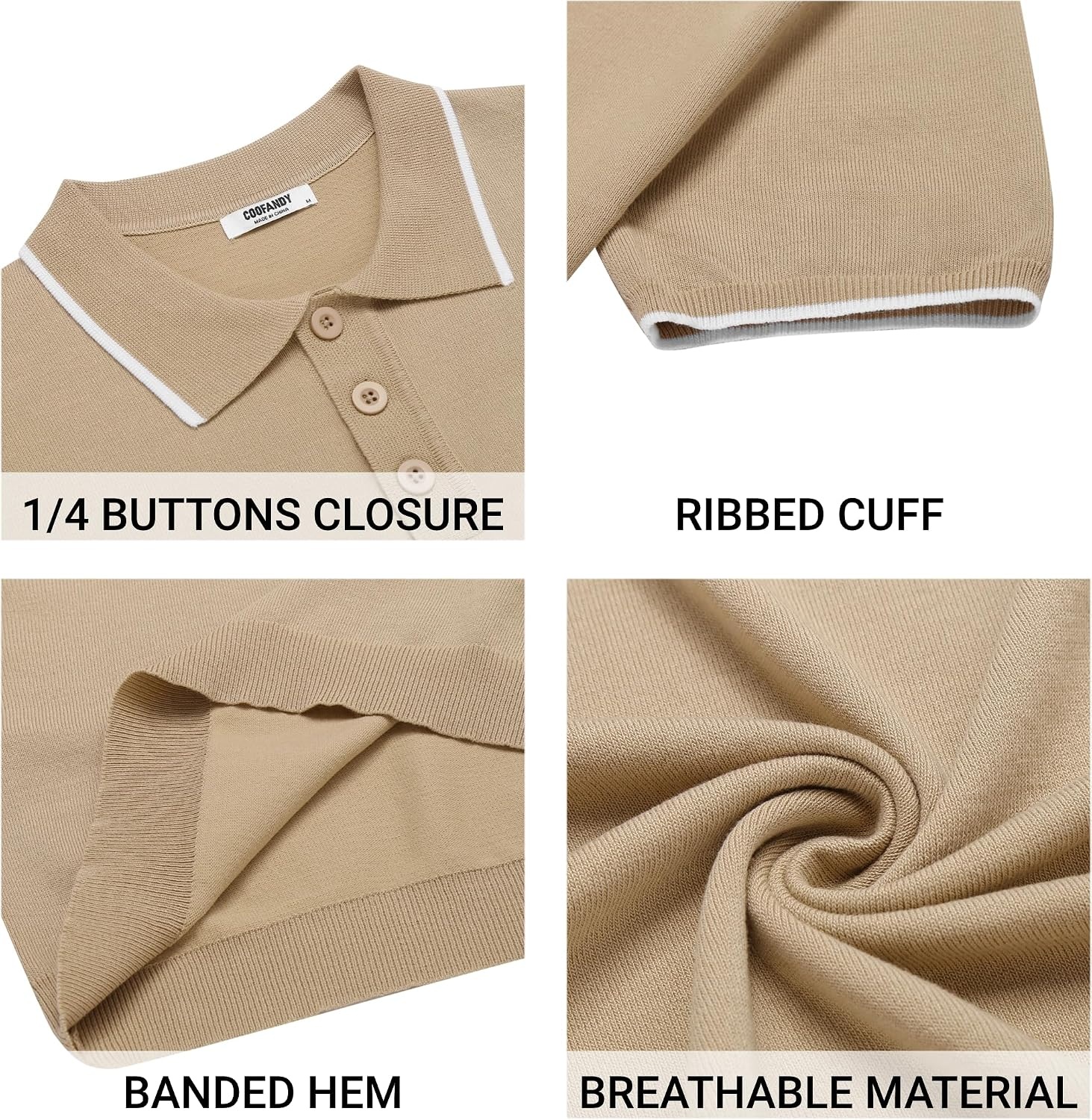 image:imageCOOFANDY Mens Knit Polo Shirts Casual Short Sleeve Button Down Polo ShirtEkhaki White Striped