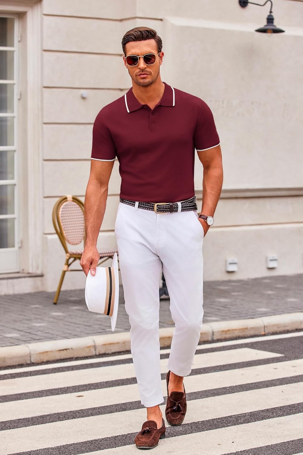 image:imageCOOFANDY Mens Knit Polo Shirts Casual Short Sleeve Button Down Polo ShirtEwine Red White Striped