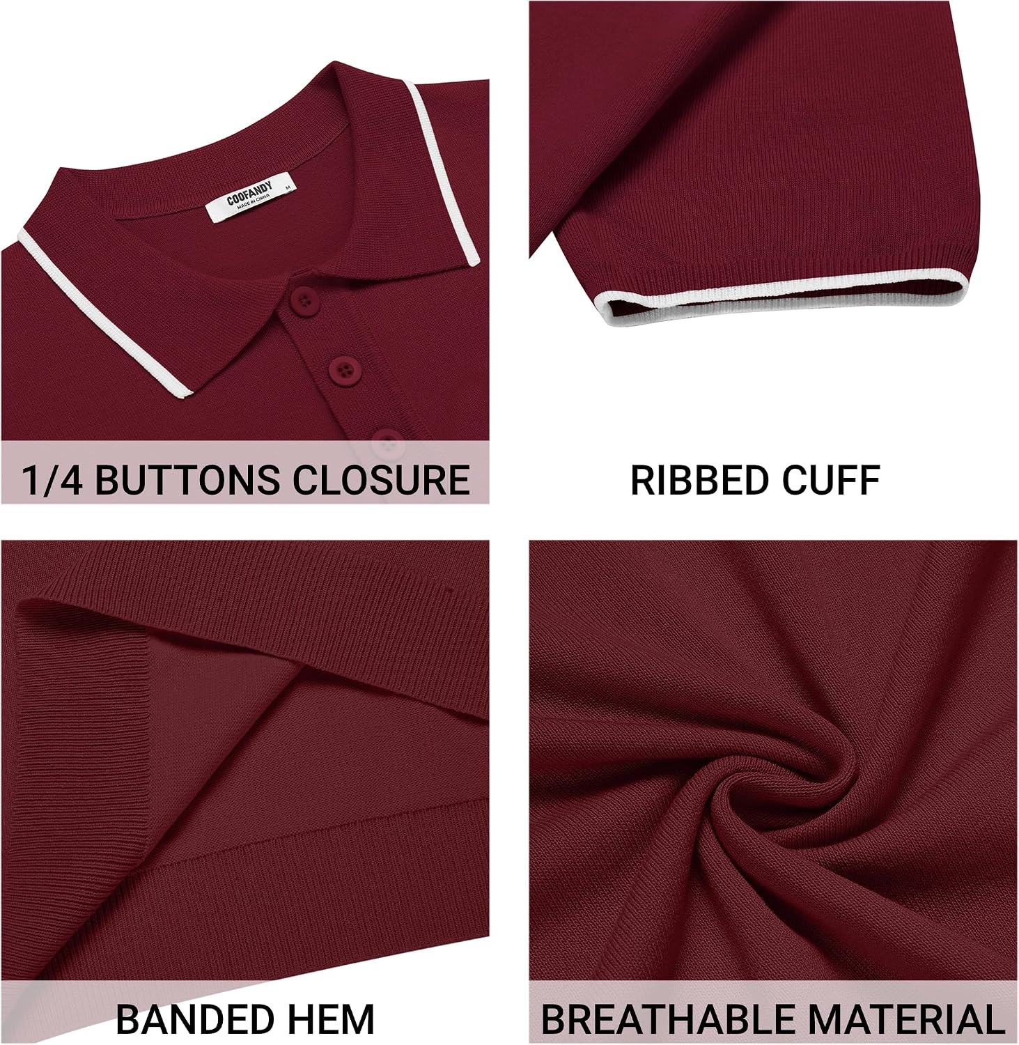 image:imageCOOFANDY Mens Knit Polo Shirts Casual Short Sleeve Button Down Polo ShirtEwine Red White Striped
