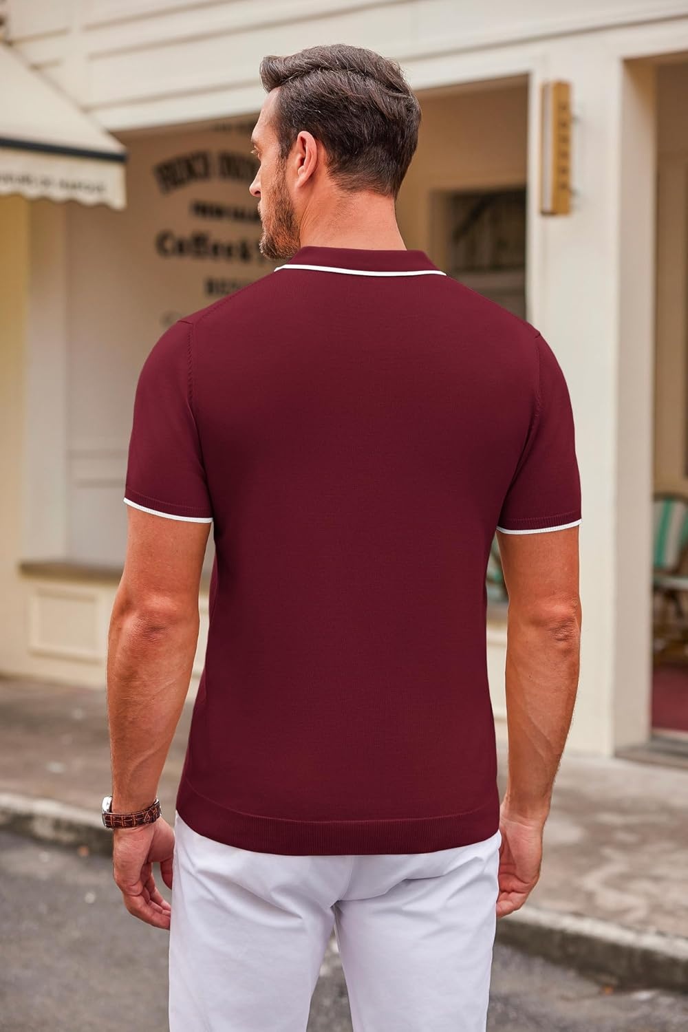 image:imageCOOFANDY Mens Knit Polo Shirts Casual Short Sleeve Button Down Polo ShirtEwine Red White Striped