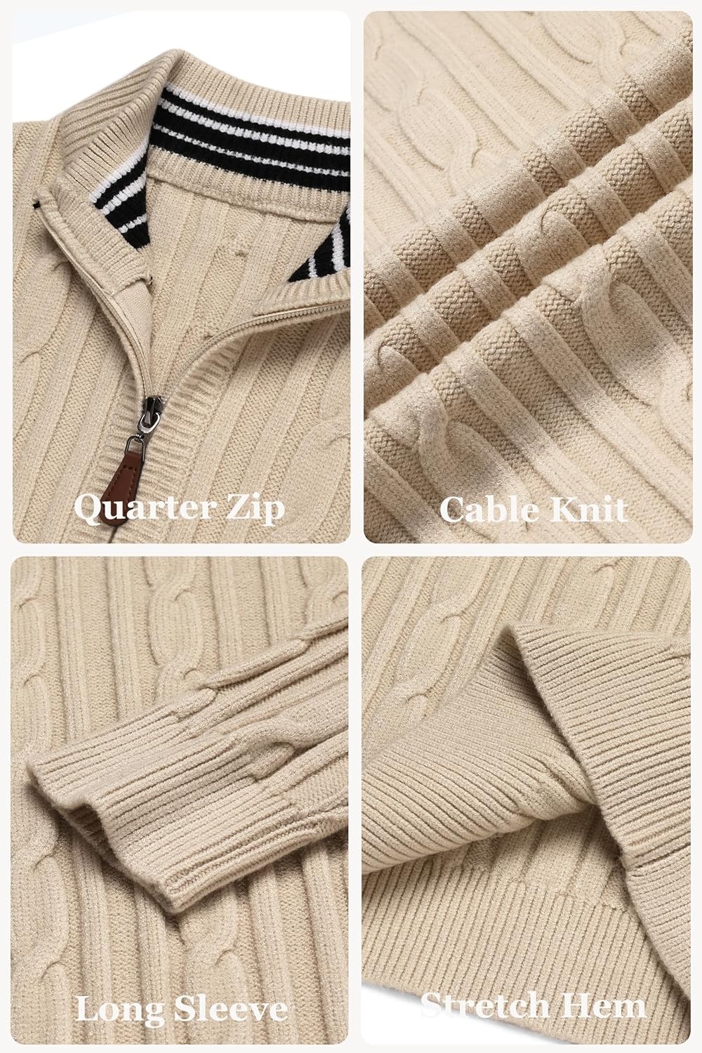 image:imageCOOFANDY Mens Quarter Zip Pullover Cable Knit Mock Neck Dress SweaterBeige